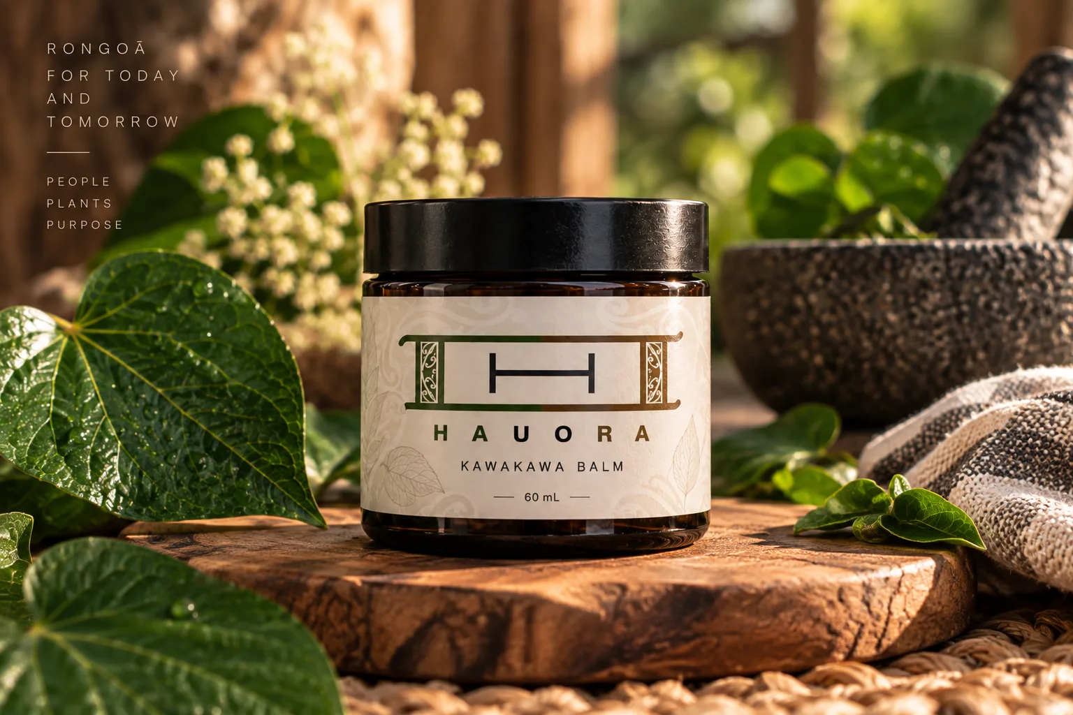 A jar of IHI Hauora Kawakawa Balm beside fresh kawakawa leaves